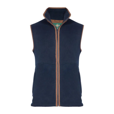 Navy blue sleeveless Alan Paine Aylsham fleece gilet with brown zipper and trim