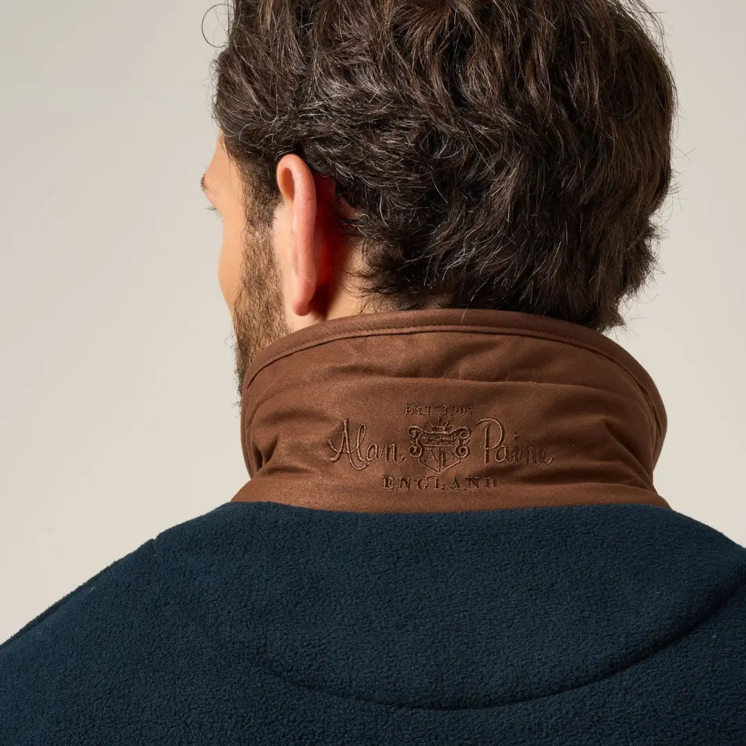 Alan Paine Aylsham fleece jacket for men with navy fleece and brown faux leather collar