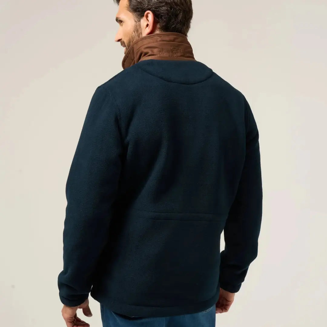 Men’s dark blue fleece jacket with brown collar from Alan Paine Aylsham, a versatile option