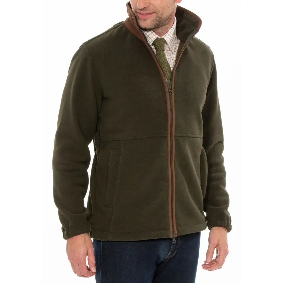 Men’s dark olive green fleece jacket with brown collar from Alan Paine Aylsham