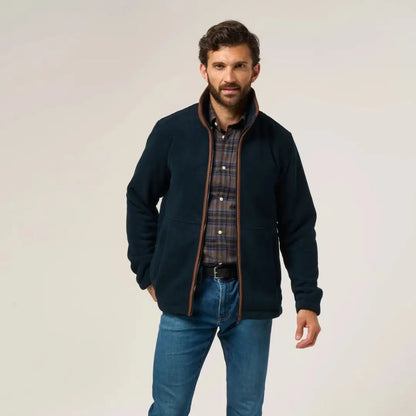 Men’s navy blue Alan Paine Aylsham fleece jacket with brown trim, a versatile option