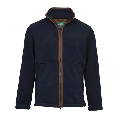 Navy blue fleece jacket with brown zipper and collar trim from Alan Paine Aylsham