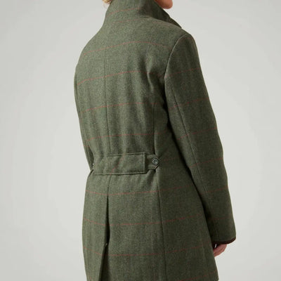 Olive green belted field jacket with high collar and two flap pockets by Alan Paine