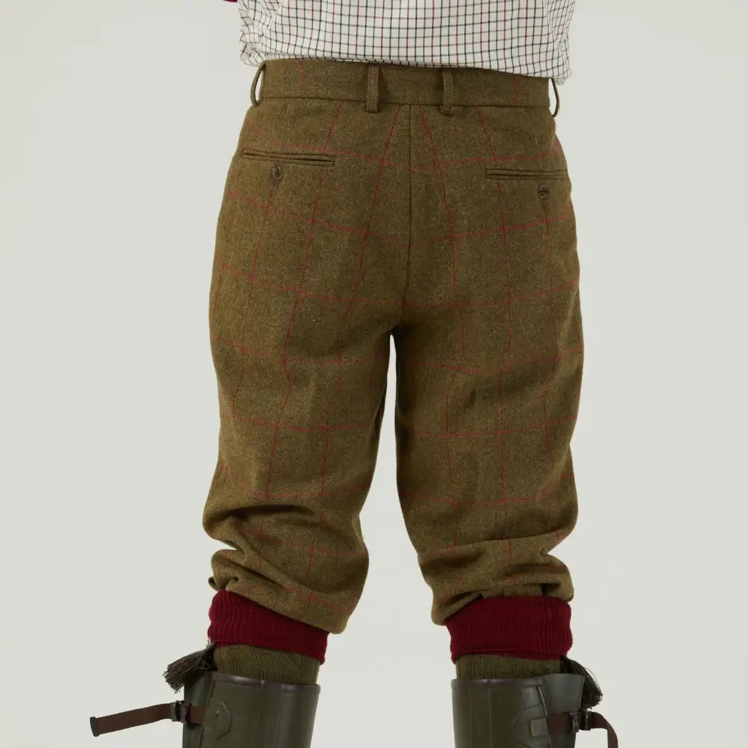 Men’s olive tweed breeks with red socks and green boots from Alan Paine Combrook pure wool