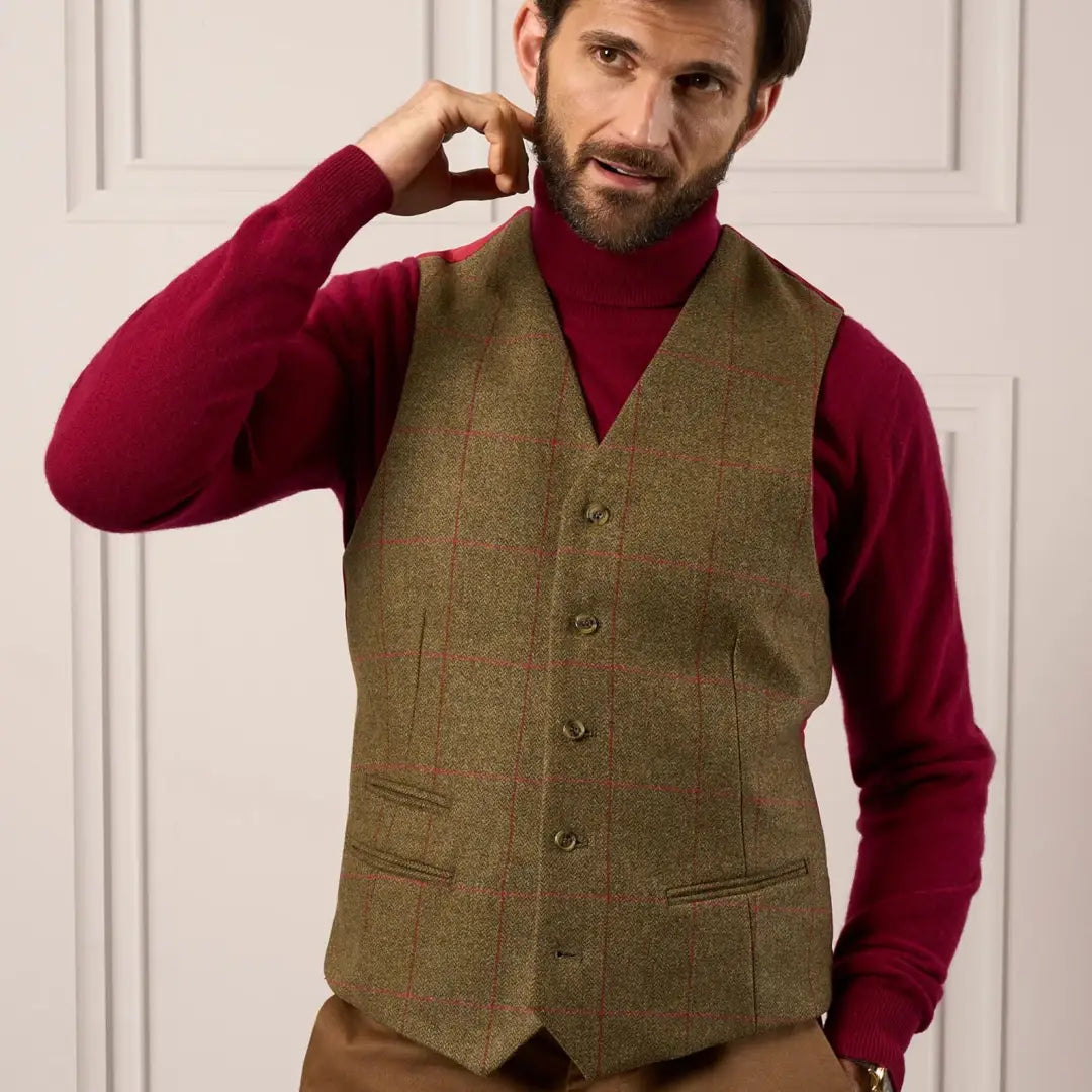 Men’s olive green tweed vest with red check, alan paine’s softest, action pleat ensures unrestricted movement