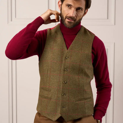 Men’s olive green tweed vest with red check, alan paine’s softest, action pleat ensures unrestricted movement