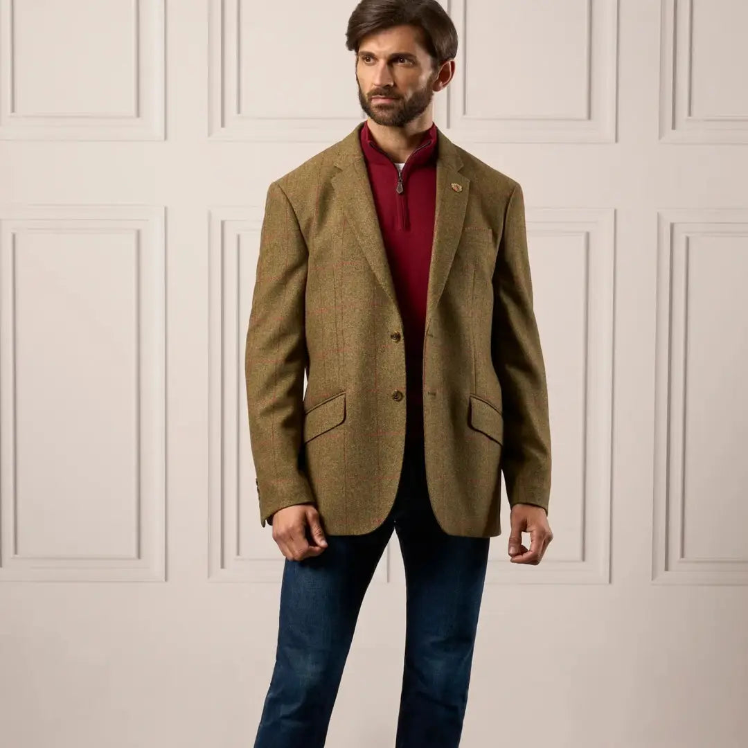 Men’s tweed blazer over red quarter-zip sweater and jeans, Alan Paine Combrook mens tweed style
