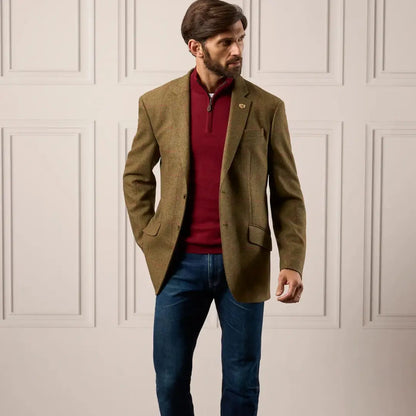 Men’s olive green Tweed blazer with red quarter-zip sweater and blue jeans, Alan Paine Combrook mens tweed sports blazer