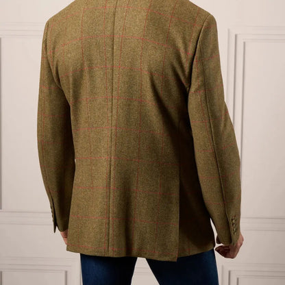Alan Paine Combrook mens tweed blazer in olive green with subtle red plaid pattern