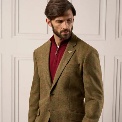 Men’s brown tweed blazer with red quarter-zip pullover from Alan Paine Combrook mens tweed collection