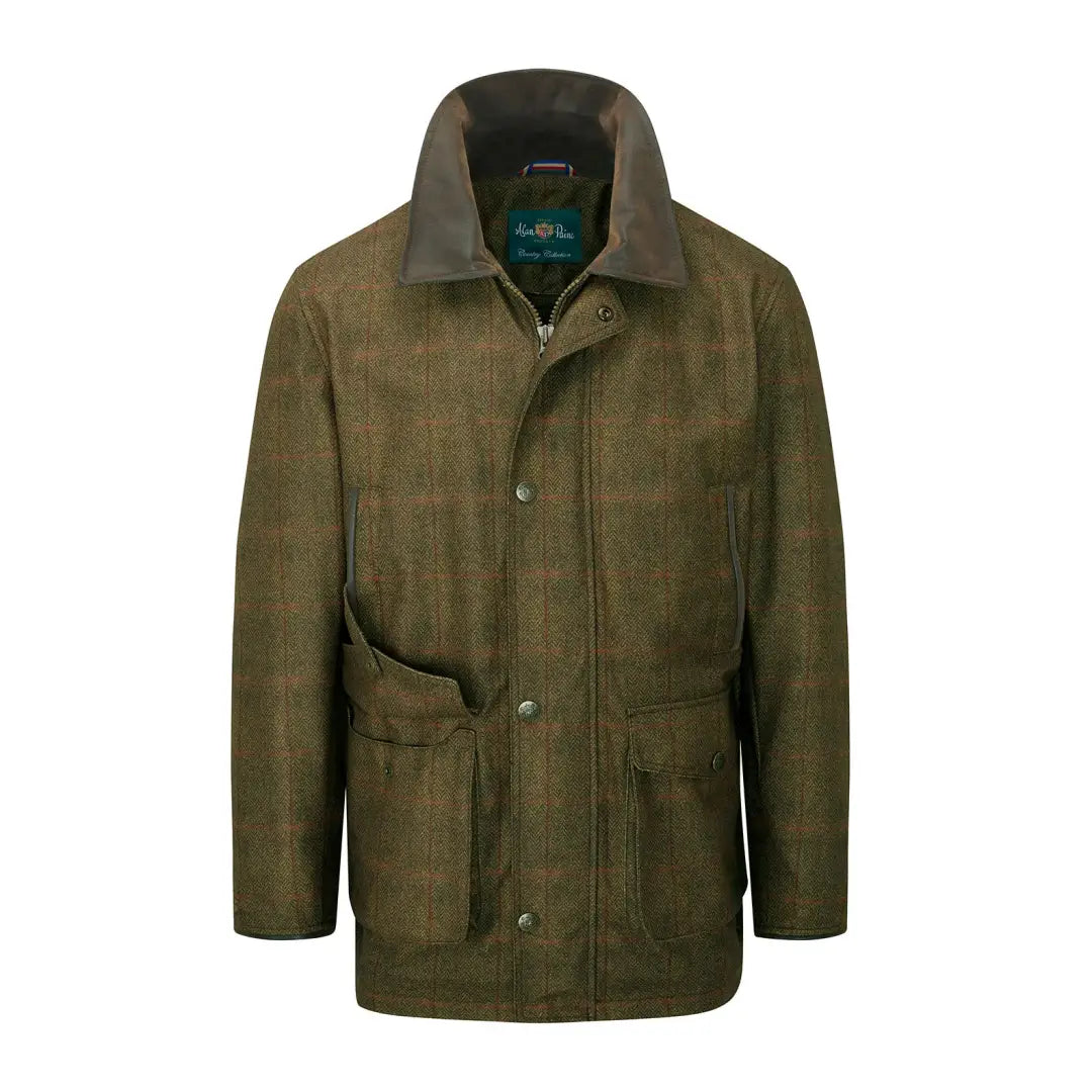 Men’s olive green tweed hunting jacket with faux fur lining and brown suede collar