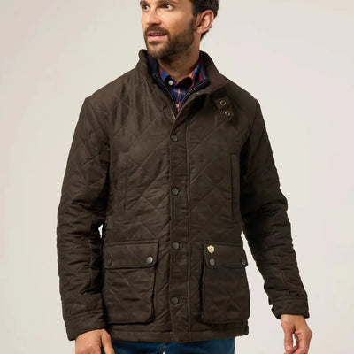 Men’s brown quilted jacket from Alan Paine Felwell collection with plaid shirt underneath