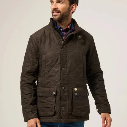 Men’s brown quilted jacket from Alan Paine Felwell collection with plaid shirt underneath