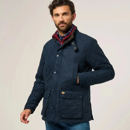 Men’s navy blue quilted jacket with red and blue plaid lining from Alan Paine Felwell