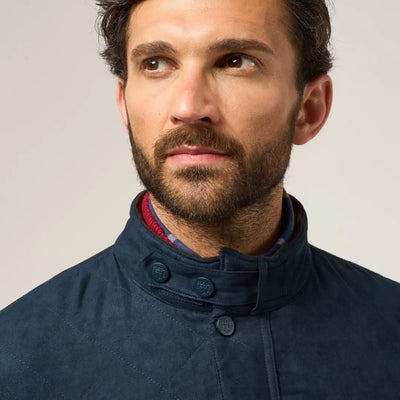 Alan Paine Felwell men’s quilted jacket with high collar and plaid shirt layering