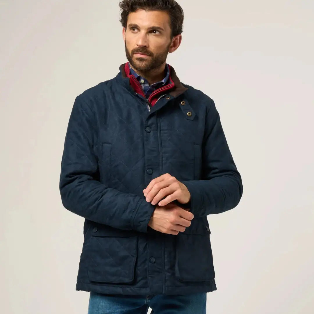 Alan Paine Felwell men’s quilted navy blue jacket with plaid lining for stylish warmth