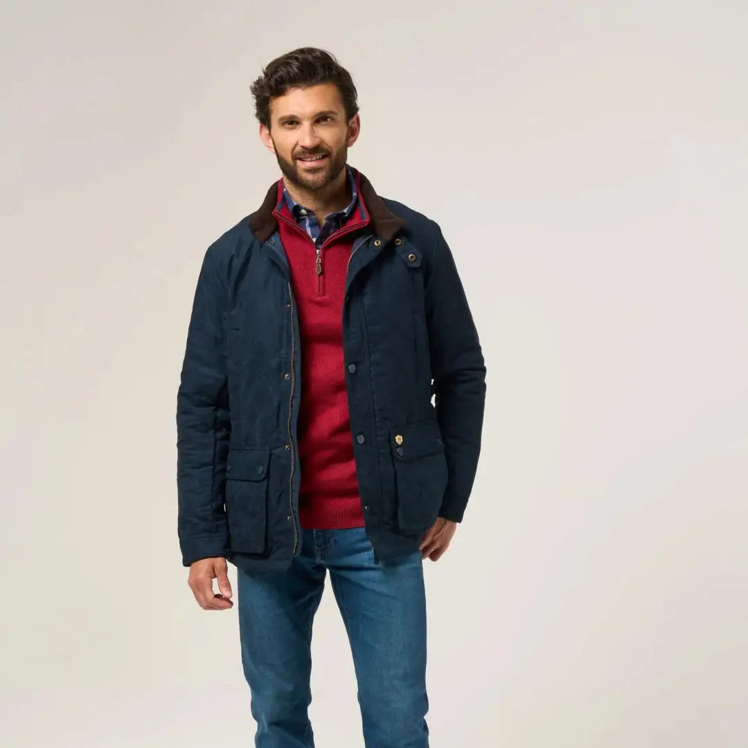 Alan Paine Felwell men’s navy quilted jacket with corduroy collar and multiple pockets