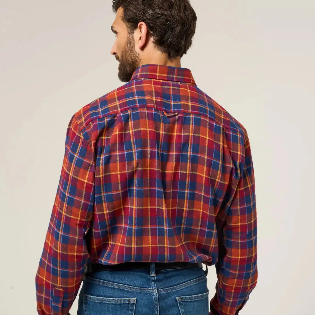Men’s red, blue, orange plaid cotton check shirt with button-down collar and blue jeans