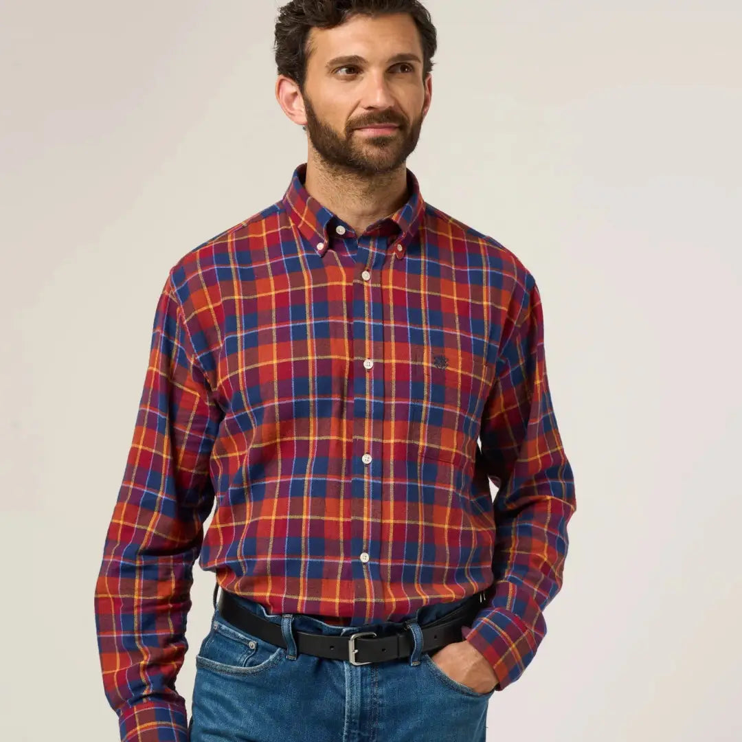 Men’s classic cotton check Alan Paine Ilkley flannel button-down shirt in red, blue, yellow