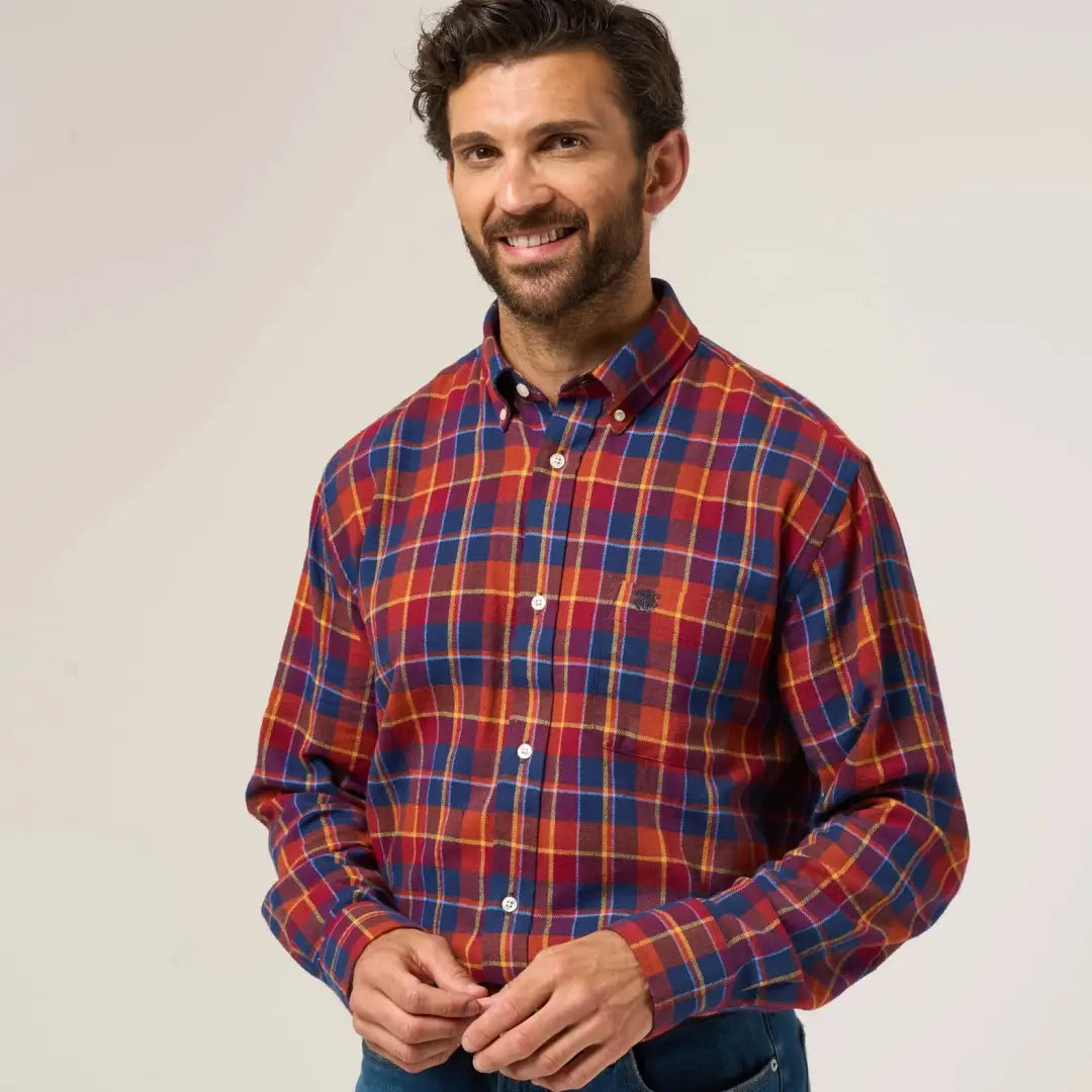 Men’s red, blue, yellow plaid cotton check shirt from Alan Paine Ilkley Flannel collection