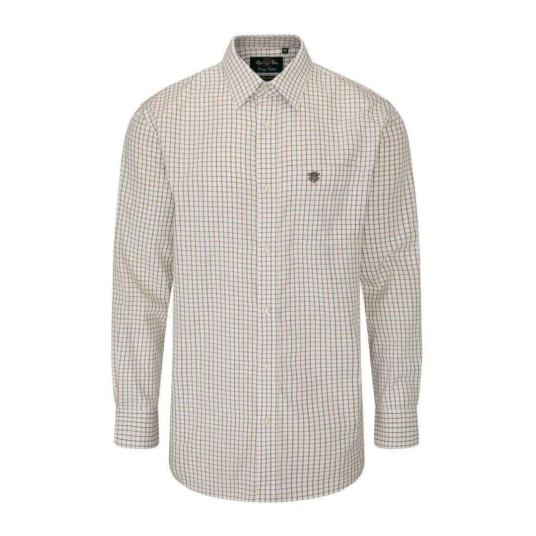 Men’s light beige Alan Paine Ilkley men’s shirt with dark grid check pattern and emblem