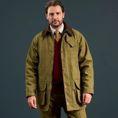 Alan Paine men’s Rutland waterproof tweed coat in olive green with brown corduroy collar