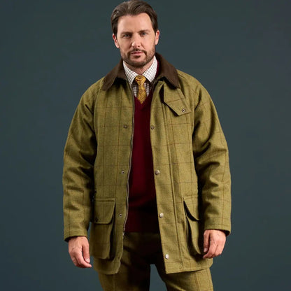 Alan Paine men’s Rutland waterproof tweed coat in olive green with brown corduroy collar