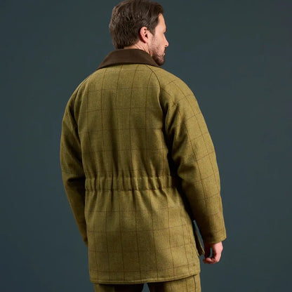 Alan Paine Men’s Rutland waterproof tweed coat in green with brown collar and adjustable waist