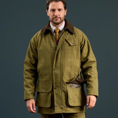 Alan Paine men’s green tweed shooting jacket with brown corduroy collar from country wear collection