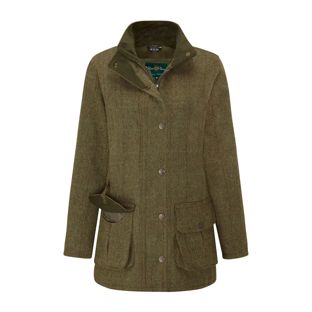 Women’s green tweed shooting jacket with pockets and corduroy collar from Alan Paine Rutland