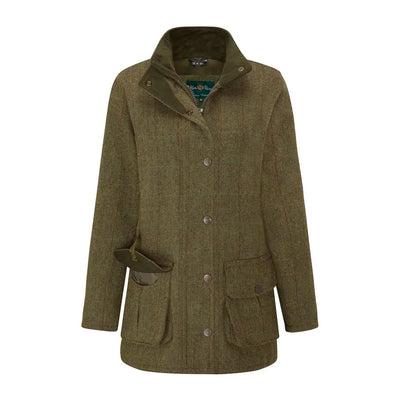 Women’s green tweed shooting jacket with pockets and corduroy collar from Alan Paine Rutland