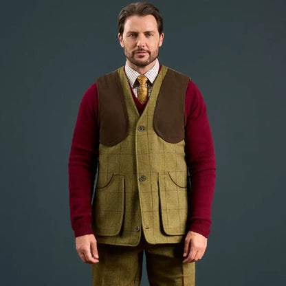 Alan Paine Rutland mens shooting waistcoat with olive green tweed, dark brown patches