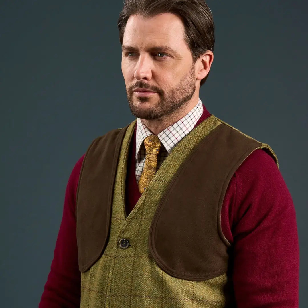 Alan Paine Rutland mens shooting waistcoat in green tweed with classic shooting silhouette