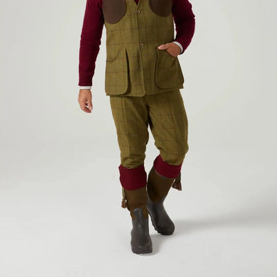 Khaki vest and pants with burgundy sweater and dark boots, perfect Rutland Tweed Breeks look