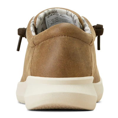 Tan suede sneaker with a white sole and brown laces, where super-soft leather meets style