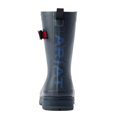 Gray Ariat Kelmarsh Mid Rubber Boots with blue text and red buckle for outdoors and hunting