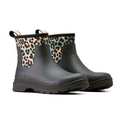 Ariat Kelmarsh Shortie Rubber Boots with leopard print accents, perfect for country clothing