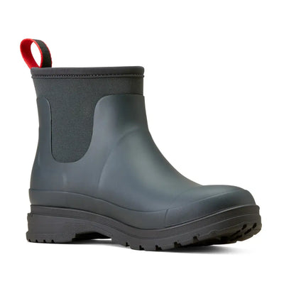 Short gray rubber Ariat Kelmarsh Shortie Boot with red pull tab for country clothing and hunting