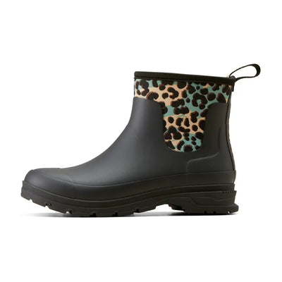 Short black Ariat Kelmarsh Shortie Rubber Boots with colorful leopard print accents