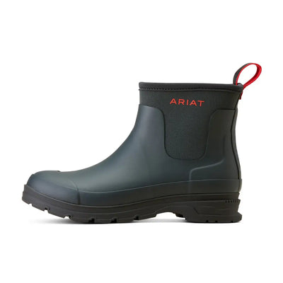 Dark green Ariat Kelmarsh Shortie Rubber Boots with red branding, perfect for country clothing