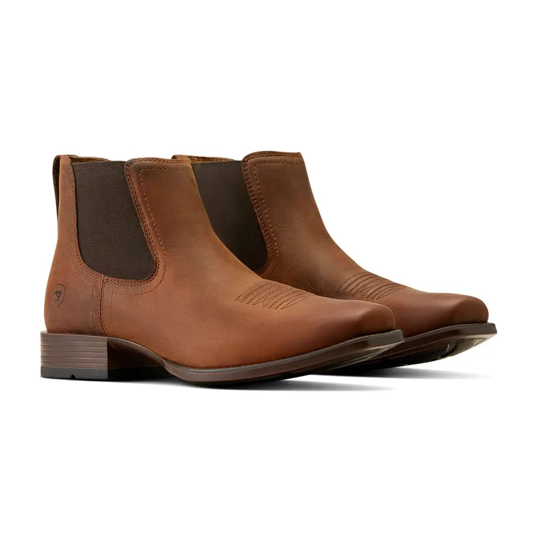 Ariat Mens Booker Ultra square toe cowboy boots with brown leather and decorative stitching