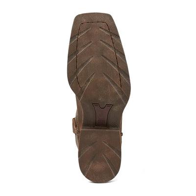 Brown leather cowboy boot sole with chevron tread for outdoors and country clothing