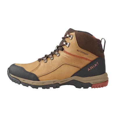 Tan and brown Ariat Skyline Mid Waterproof Boots with red accents for outdoor adventures