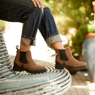 Brown leather Ariat Wexford Lug Chelsea boots with chunky soles for country clothing and hunting