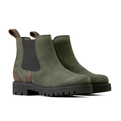 Stylish pair of Ariat Wexford Lug Waterproof Chelsea boots in olive green with chunky soles
