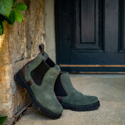 Stylish green suede Ariat Wexford Lug Waterproof Chelsea Boots with thick soles