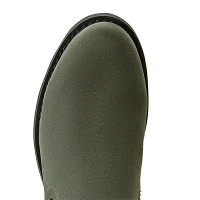 Olive green Ariat Wexford Lug boots with rounded toe, perfect for country clothing and hunting