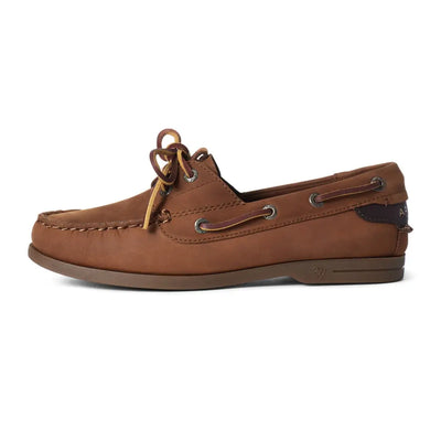Brown leather Ariat Womens Antigua boat shoe with laces and stitched moccasin toe
