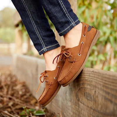 Tan leather Ariat Womens Antigua boat shoes with laces and cool stitching details