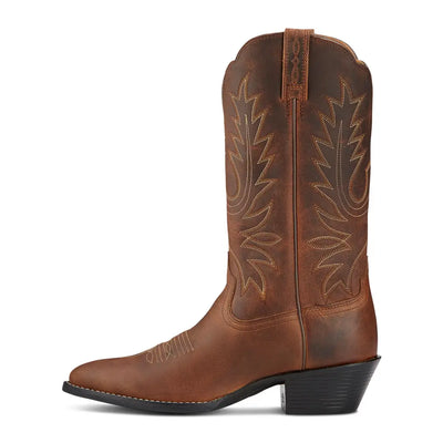 Brown leather cowboy boot with decorative stitching perfect for country clothing and outdoors
